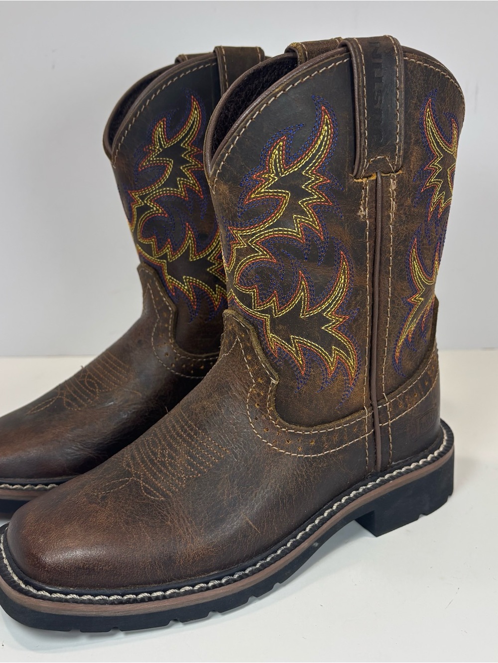 Justin Embroidered Western Boots Junior Sz 12.5 D Brown Leather Kids Square Toe